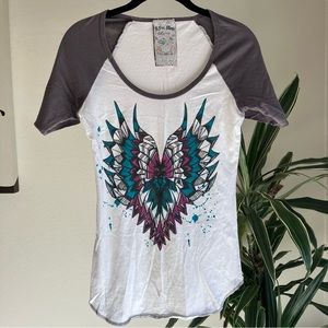 Feather Heart Printed Tee with Cropped Sleeves